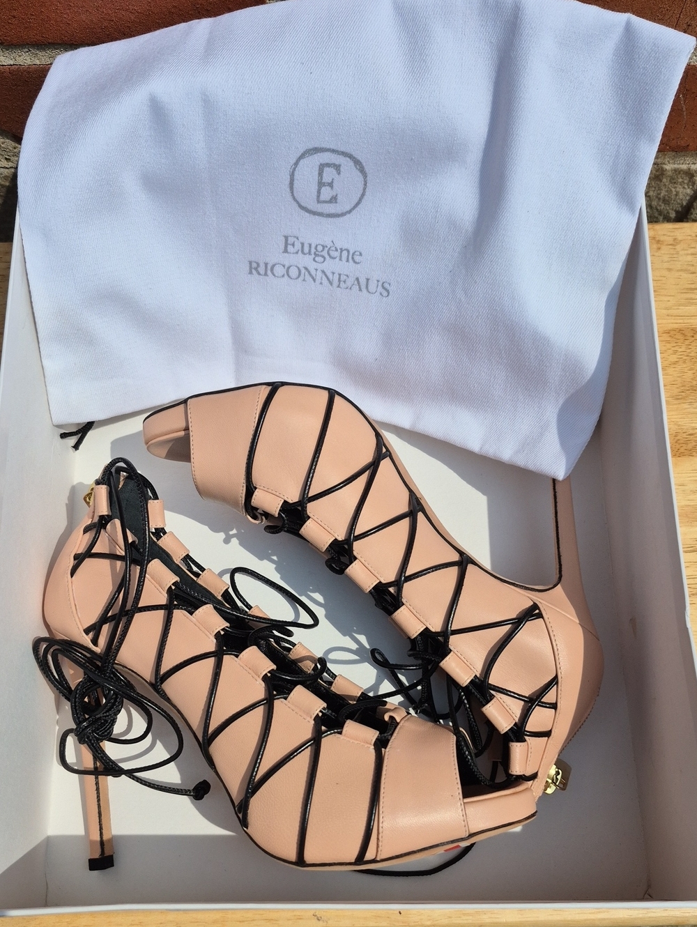 Eugene Riconneaus 38 Nude Kidskin Multi-Bondage Heels - New